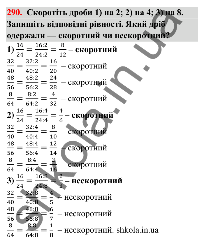 Завдання 290 Відповідь до завдання 290 (с. 60) з математики для 6 класу (Тарасенкова, 2023), частина 1: 6. Основна властивість дробу. Скорочення дробу
