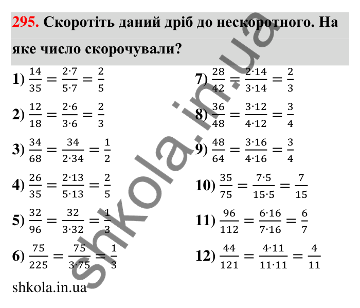 Відповідь до завдання 295 (с. 61) з математики для 6 класу (Тарасенкова, 2023), частина 1: 6. Основна властивість дробу. Скорочення дробу