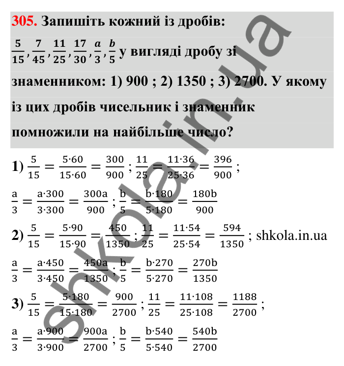 Відповідь до завдання 305 (с. 62) з математики для 6 класу (Тарасенкова, 2023), частина 1: 6. Основна властивість дробу. Скорочення дробу