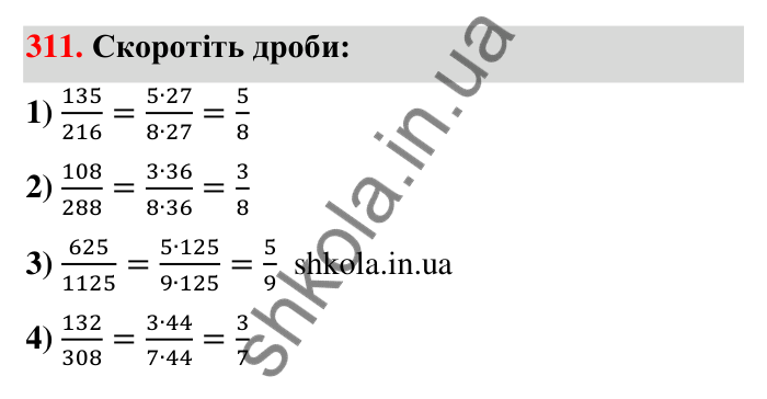Відповідь до завдання 311 (с. 63) з математики для 6 класу (Тарасенкова, 2023), частина 1: 6. Основна властивість дробу. Скорочення дробу