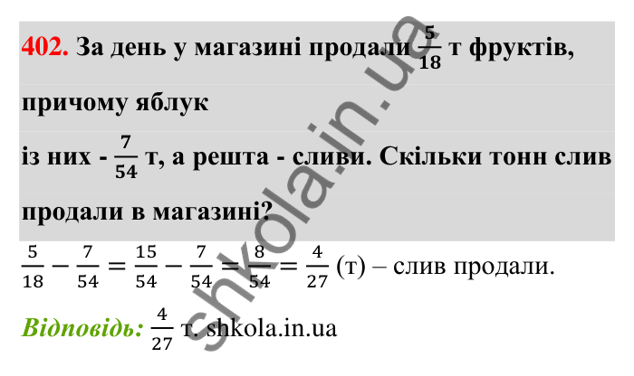Відповідь до завдання 402 (с. 85) з математики для 6 класу (Тарасенкова, 2023), частина 1: 8. Додавання і віднімання дробів