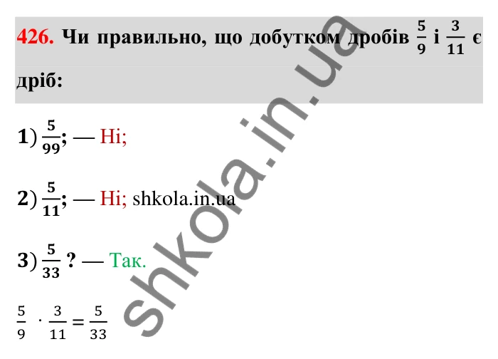 Відповідь до завдання 426 (с. 94) з математики для 6 класу (Тарасенкова, 2023), частина 1: 9. Множення дробів. Знаходження дробу від числа