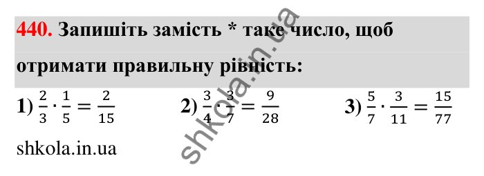 Відповідь до завдання 440 (с. 95) з математики для 6 класу (Тарасенкова, 2023), частина 1: 9. Множення дробів. Знаходження дробу від числа
