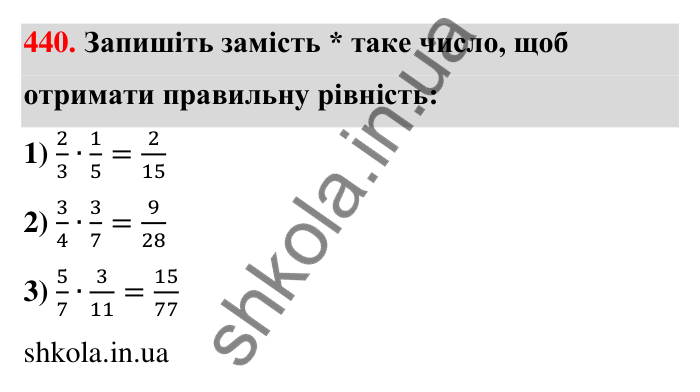 Завдання 440 Відповідь до завдання 440 (с. 95) з математики для 6 класу (Тарасенкова, 2023), частина 1: 9. Множення дробів. Знаходження дробу від числа