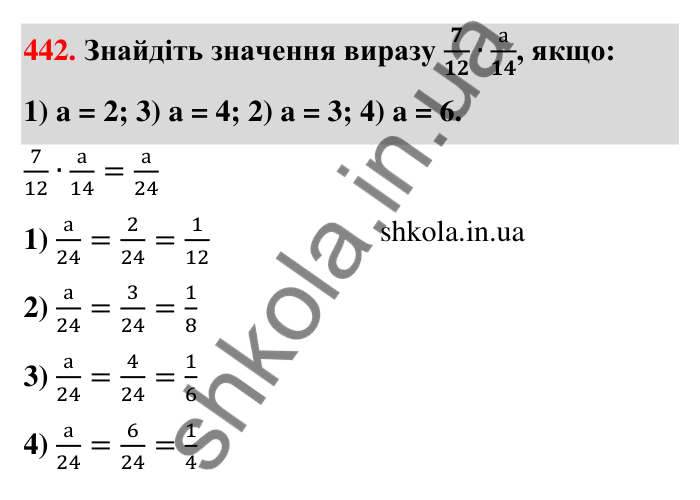 Відповідь до завдання 442 (с. 96) з математики для 6 класу (Тарасенкова, 2023), частина 1: 9. Множення дробів. Знаходження дробу від числа