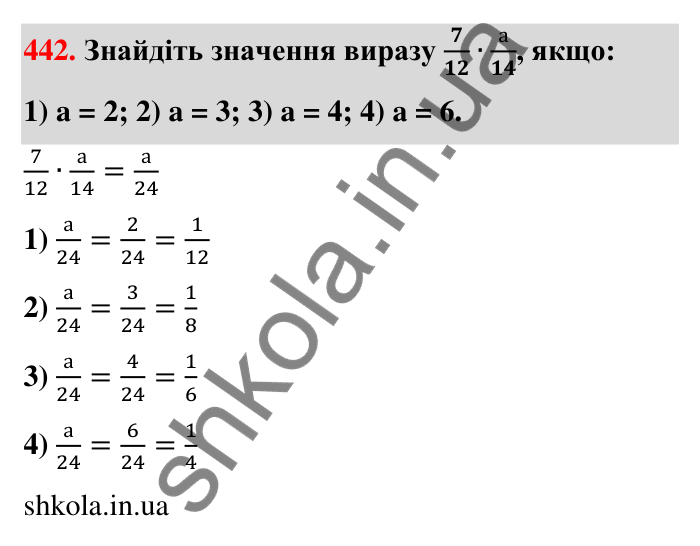 Завдання 442 Відповідь до завдання 442 (с. 96) з математики для 6 класу (Тарасенкова, 2023), частина 1: 9. Множення дробів. Знаходження дробу від числа