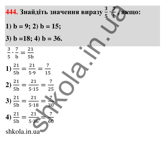 Завдання 444 Відповідь до завдання 444 (с. 96) з математики для 6 класу (Тарасенкова, 2023), частина 1: 9. Множення дробів. Знаходження дробу від числа
