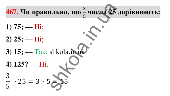 Відповідь до завдання 467 (с. 99) з математики для 6 класу (Тарасенкова, 2023), частина 1: 9. Множення дробів. Знаходження дробу від числа