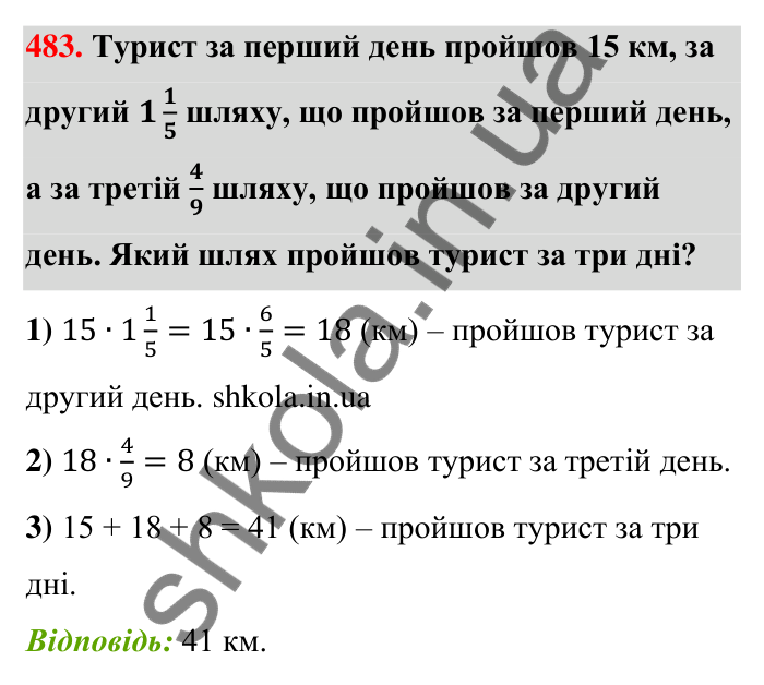 Відповідь до завдання 483 (с. 101) з математики для 6 класу (Тарасенкова, 2023), частина 1: 9. Множення дробів. Знаходження дробу від числа