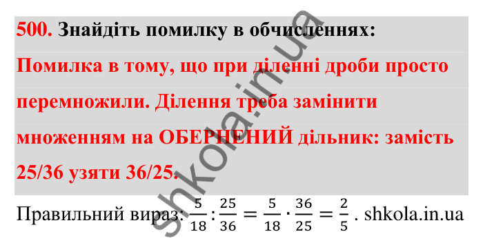 Завдання 500 Відповідь до завдання 500 (с. 110) з математики для 6 класу (Тарасенкова, 2023), частина 1: 10. Ділення дробів. Знаходження числа за його дробом. Порядок виконання дій у виразах