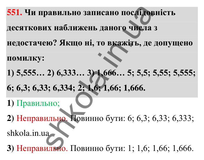 Завдання 551 Відповідь до завдання 551 (с. 122) з математики для 6 класу (Тарасенкова, 2023), частина 1: 11. Перетворення звичайного дробу в десятковий. Десяткові наближення звичайного дробу