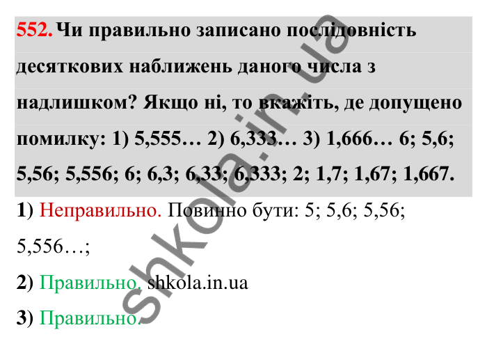 Відповідь до завдання 552 (с. 122) з математики для 6 класу (Тарасенкова, 2023), частина 1: 11. Перетворення звичайного дробу в десятковий. Десяткові наближення звичайного дробу