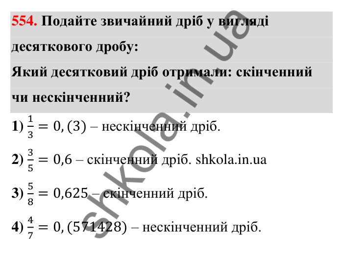 Відповідь до завдання 554 (с. 122) з математики для 6 класу (Тарасенкова, 2023), частина 1: 11. Перетворення звичайного дробу в десятковий. Десяткові наближення звичайного дробу
