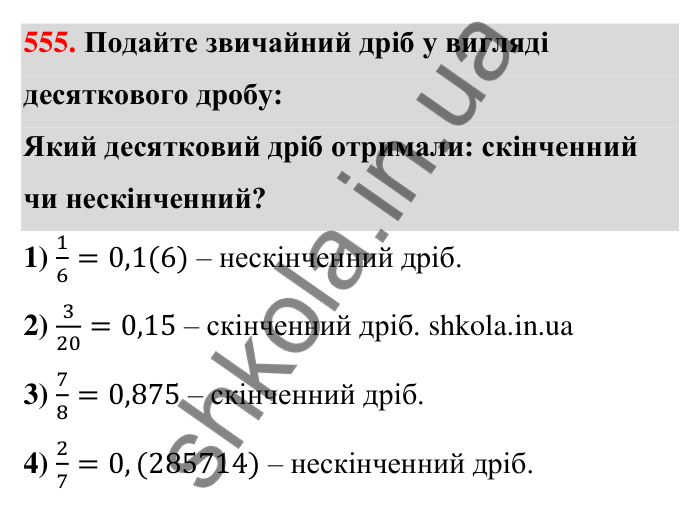 Відповідь до завдання 555 (с. 122) з математики для 6 класу (Тарасенкова, 2023), частина 1: 11. Перетворення звичайного дробу в десятковий. Десяткові наближення звичайного дробу