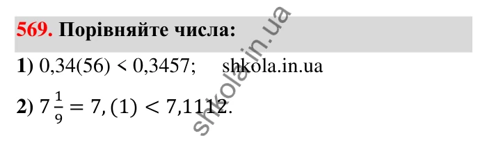 Відповідь до завдання 569 (с. 124) з математики для 6 класу (Тарасенкова, 2023), частина 1: 11. Перетворення звичайного дробу в десятковий. Десяткові наближення звичайного дробу