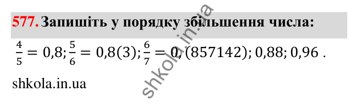 Відповідь до завдання 577 (с. 125) з математики для 6 класу (Тарасенкова, 2023), частина 1: 11. Перетворення звичайного дробу в десятковий. Десяткові наближення звичайного дробу