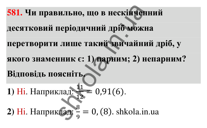 Відповідь до завдання 581 (с. 126) з математики для 6 класу (Тарасенкова, 2023), частина 1: 11. Перетворення звичайного дробу в десятковий. Десяткові наближення звичайного дробу