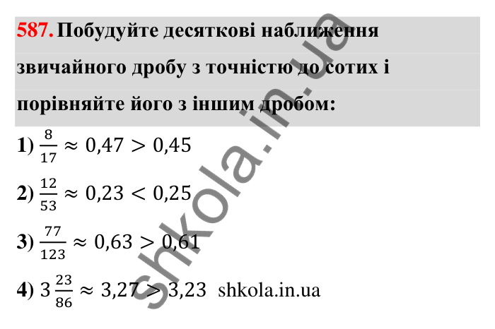 Відповідь до завдання 587 (с. 126) з математики для 6 класу (Тарасенкова, 2023), частина 1: 11. Перетворення звичайного дробу в десятковий. Десяткові наближення звичайного дробу