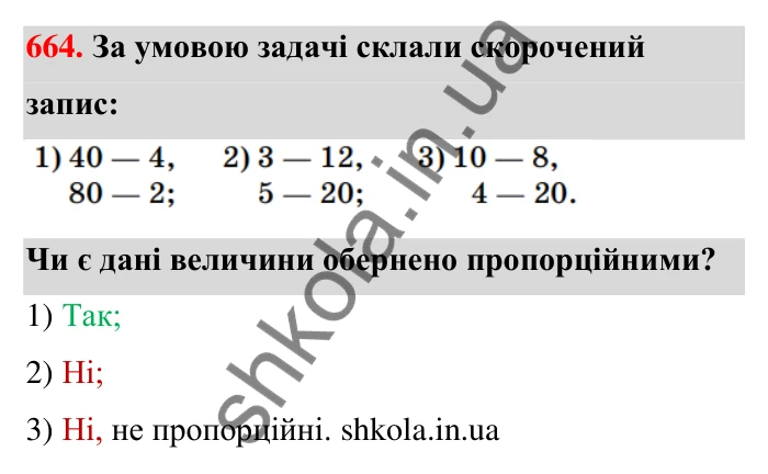 Відповідь до завдання 664 (с. 154) з математики для 6 класу (Тарасенкова, 2023), частина 1: 14. Пряма та обернена пропорційна залежність