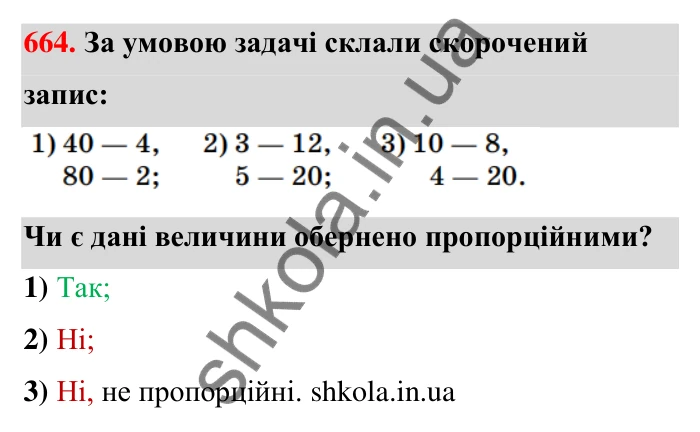 Завдання 664 Відповідь до завдання 664 (с. 154) з математики для 6 класу (Тарасенкова, 2023), частина 1: 14. Пряма та обернена пропорційна залежність