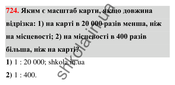 Відповідь до завдання 724 (с. 167) з математики для 6 класу (Тарасенкова, 2023), частина 1: 15. Поділ числа в даному відношенні. Масштаб