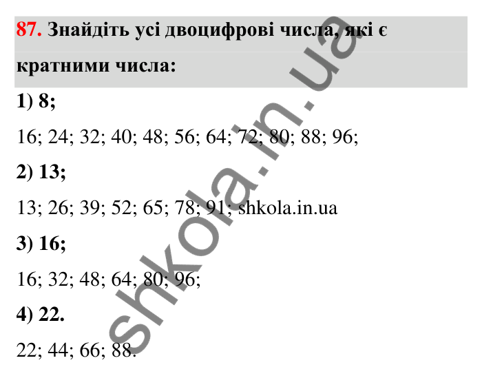 Відповідь до завдання 87 (с. 18) з математики для 6 класу (Тарасенкова, 2023), частина 1: 1. Дільники і кратні натурального числа. Прості числа