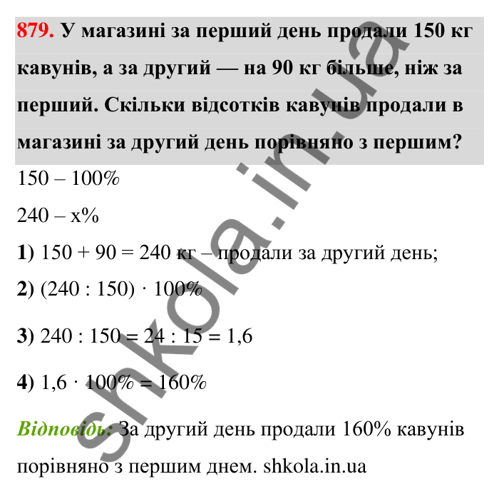 Завдання 879 Відповідь до завдання 879 (с. 203) з математики для 6 класу (Тарасенкова, 2023), частина 1: 18. Відсоткові розрахунки