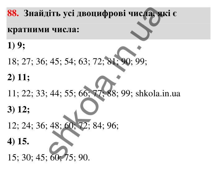 Відповідь до завдання 88 (с. 18) з математики для 6 класу (Тарасенкова, 2023), частина 1: 1. Дільники і кратні натурального числа. Прості числа