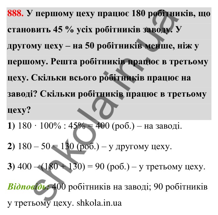 Завдання 888 Відповідь до завдання 888 (с. 204) з математики для 6 класу (Тарасенкова, 2023), частина 1: 18. Відсоткові розрахунки