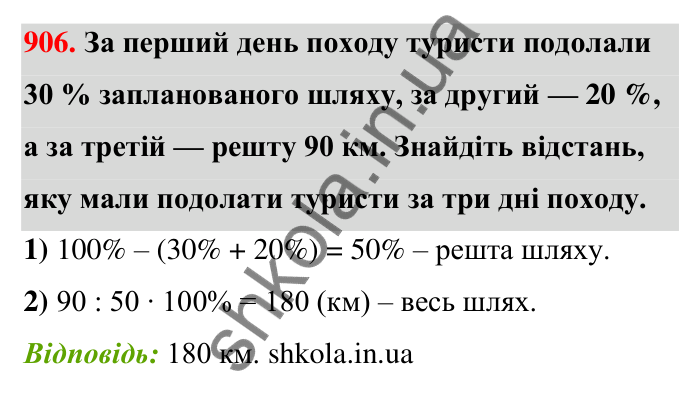 Завдання 906 Відповідь до завдання 906 (с. 206) з математики для 6 класу (Тарасенкова, 2023), частина 1: 18. Відсоткові розрахунки