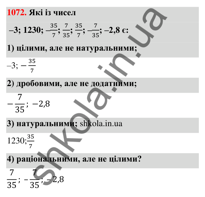Завдання 1072 Відповідь до завдання 1072 (с. 42) з математики для 6 класу (Тарасенкова, 2023), частина 2: 22. Цілі числа. Раціональні числа