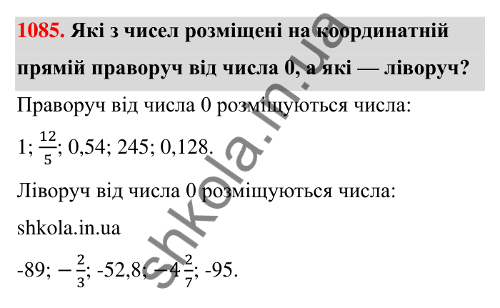 Завдання 1085 Відповідь до завдання 1085 (с. 48) з математики для 6 класу (Тарасенкова, 2023), частина 2: 23. Порівняння раціональних чисел
