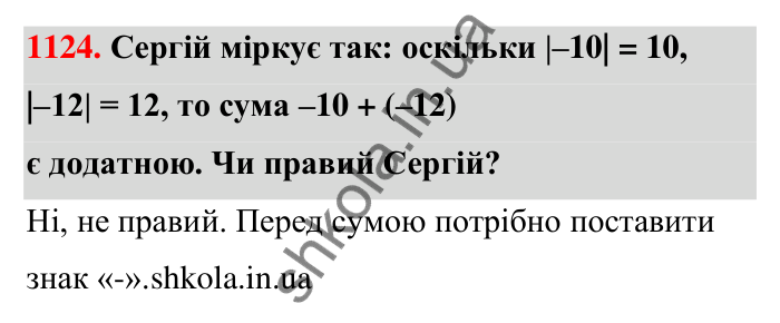 Завдання 1124 Відповідь до завдання 1124 (с. 59) з математики для 6 класу (Тарасенкова, 2023), частина 2: 24. Додавання раціональних чисел
