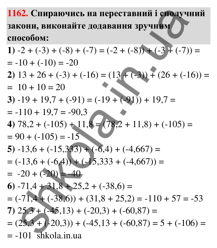 Завдання 1162 Відповідь до завдання 1162 (с. 63) з математики для 6 класу (Тарасенкова, 2023), частина 2: 24. Додавання раціональних чисел