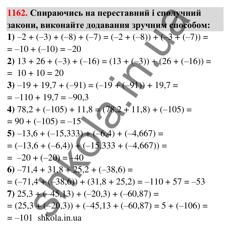 Завдання 1162 Відповідь до завдання 1162 (с. 63) з математики для 6 класу (Тарасенкова, 2023), частина 2: 24. Додавання раціональних чисел