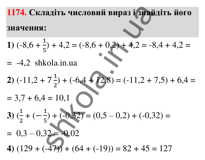 Завдання 1174 Відповідь до завдання 1174 (с. 65) з математики для 6 класу (Тарасенкова, 2023), частина 2: 24. Додавання раціональних чисел