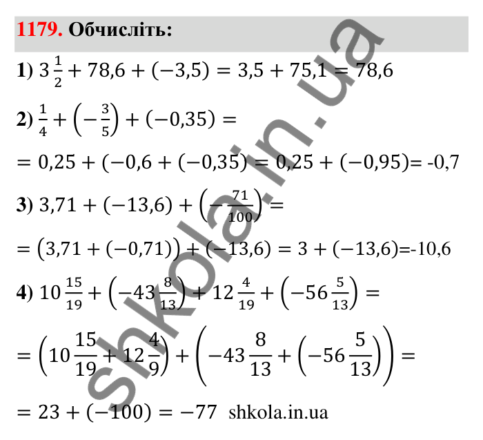 Завдання 1179 Відповідь до завдання 1179 (с. 66) з математики для 6 класу (Тарасенкова, 2023), частина 2: 24. Додавання раціональних чисел