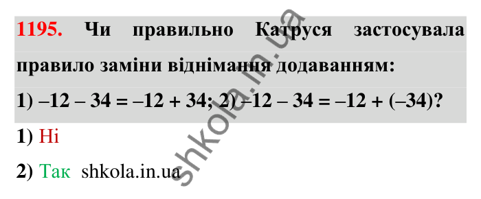Завдання 1195 Відповідь до завдання 1195 (с. 72) з математики для 6 класу (Тарасенкова, 2023), частина 2: 25. Віднімання раціональних чисел
