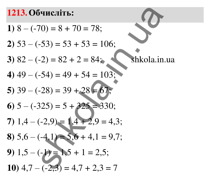 Завдання 1213 Відповідь до завдання 1213 (с. 74) з математики для 6 класу (Тарасенкова, 2023), частина 2: 25. Віднімання раціональних чисел