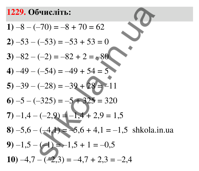 Завдання 1229 Відповідь до завдання 1229 (с. 75) з математики для 6 класу (Тарасенкова, 2023), частина 2: 25. Віднімання раціональних чисел