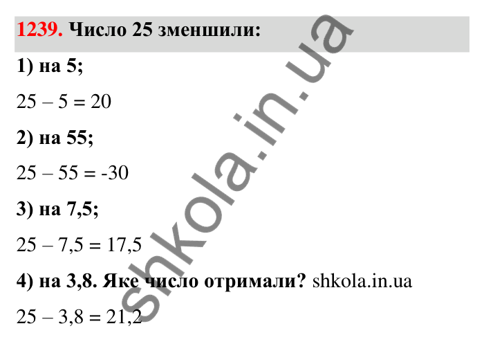 Завдання 1239 Відповідь до завдання 1239 (с. 76) з математики для 6 класу (Тарасенкова, 2023), частина 2: 25. Віднімання раціональних чисел