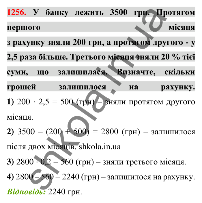 Завдання 1256 Відповідь до завдання 1256 (с. 79) з математики для 6 класу (Тарасенкова, 2023), частина 2: 25. Віднімання раціональних чисел