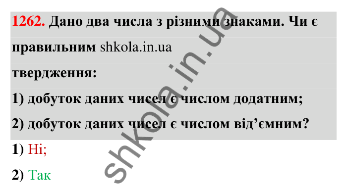 Завдання 1262 Відповідь до завдання 1262 (с. 87) з математики для 6 класу (Тарасенкова, 2023), частина 2: 26. Множення раціональних чисел