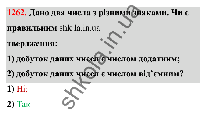 Завдання 1262 Відповідь до завдання 1262 (с. 87) з математики для 6 класу (Тарасенкова, 2023), частина 2: 26. Множення раціональних чисел