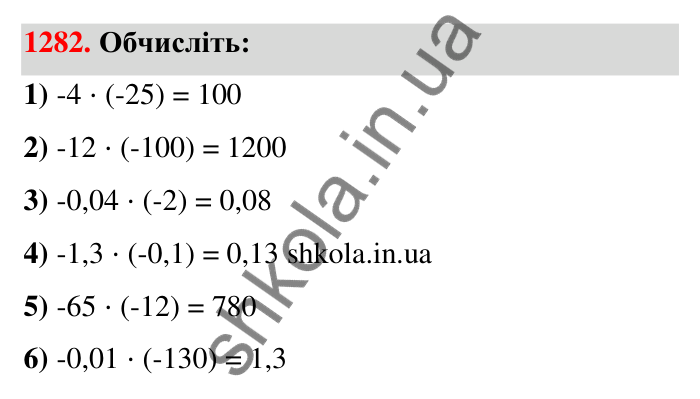 Завдання 1282 Відповідь до завдання 1282 (с. 89) з математики для 6 класу (Тарасенкова, 2023), частина 2: 26. Множення раціональних чисел