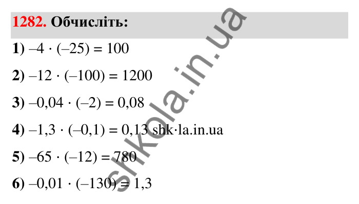 Завдання 1282 Відповідь до завдання 1282 (с. 89) з математики для 6 класу (Тарасенкова, 2023), частина 2: 26. Множення раціональних чисел