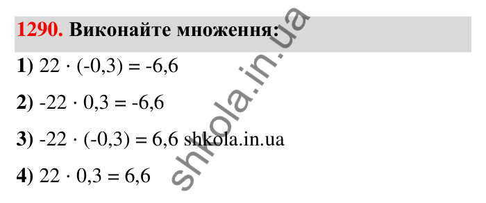 Завдання 1290 Відповідь до завдання 1290 (с. 90) з математики для 6 класу (Тарасенкова, 2023), частина 2: 26. Множення раціональних чисел