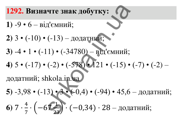 Завдання 1292 Відповідь до завдання 1292 (с. 90) з математики для 6 класу (Тарасенкова, 2023), частина 2: 26. Множення раціональних чисел