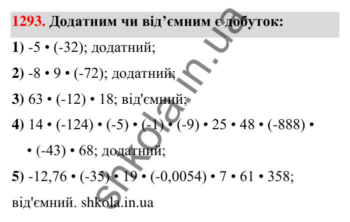 Завдання 1293 Відповідь до завдання 1293 (с. 90) з математики для 6 класу (Тарасенкова, 2023), частина 2: 26. Множення раціональних чисел
