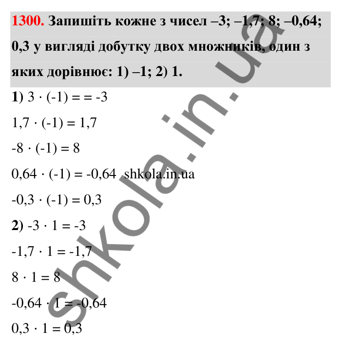 Завдання 1300 Відповідь до завдання 1300 (с. 91) з математики для 6 класу (Тарасенкова, 2023), частина 2: 26. Множення раціональних чисел